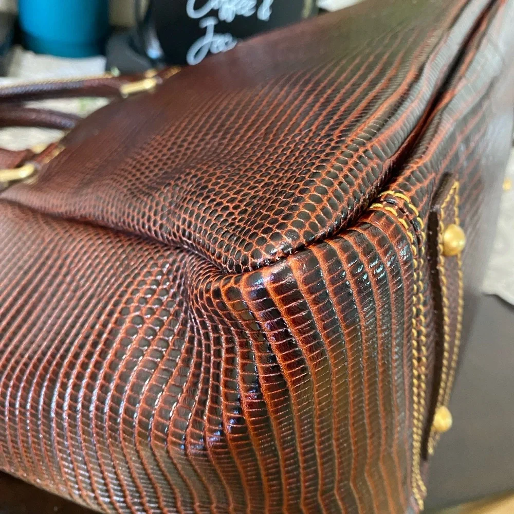 Dooney & Bourke Dark Brown Lizard-Embossed Satchel with Gold Hardware